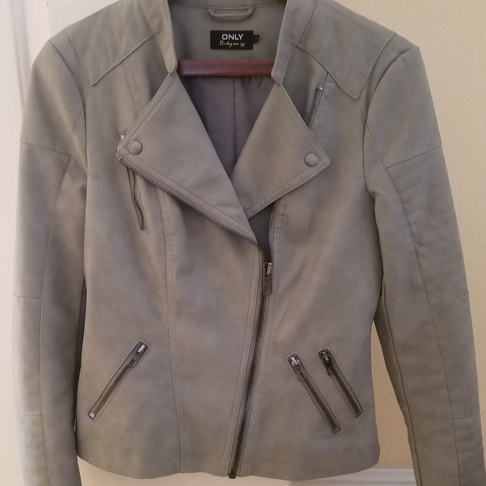 Only Brand Women Gray/Olive Faux Leather Biker Jacket Size 34 (EU) or 4 (US)
